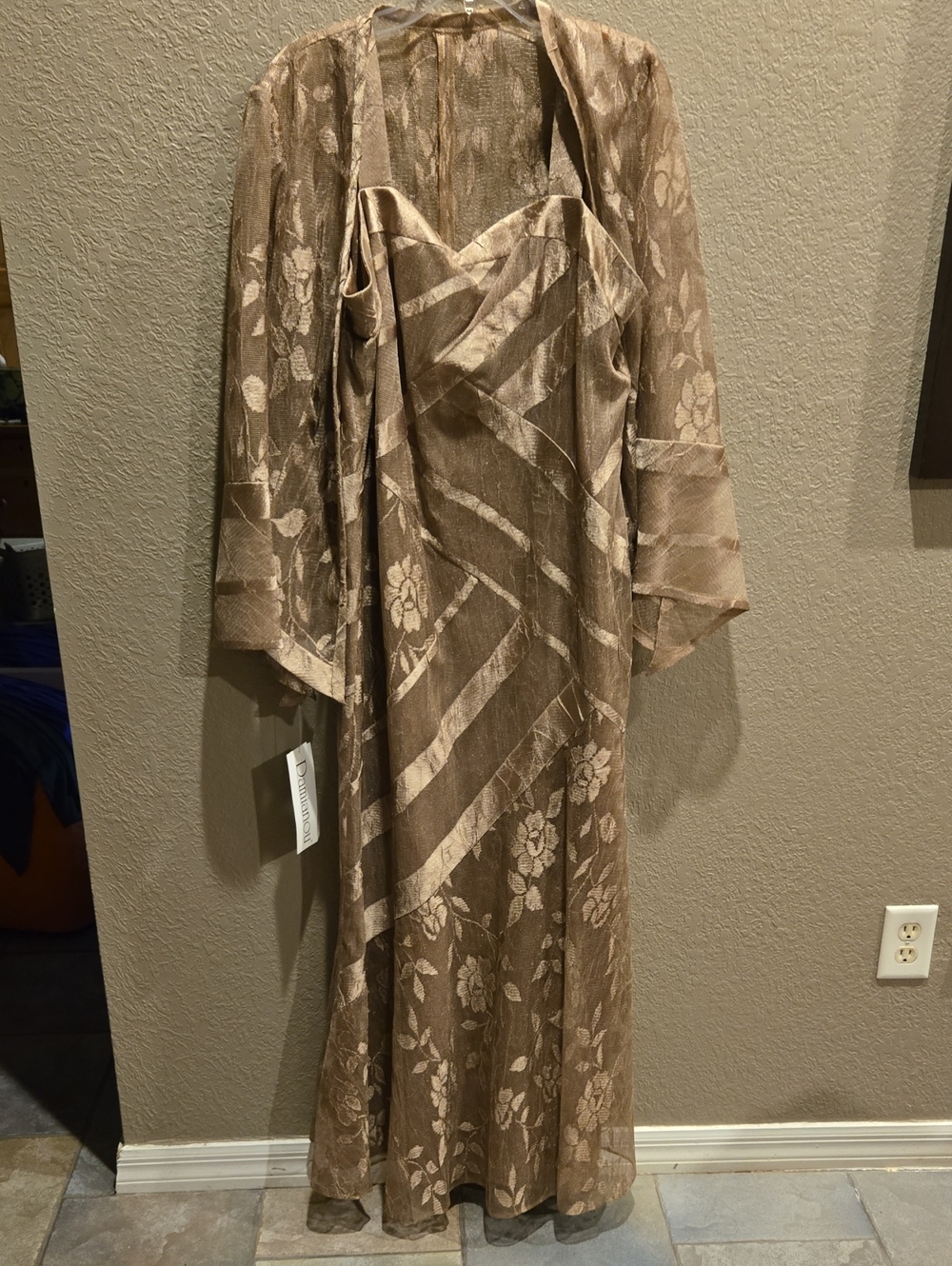 Elegant Damianou Taupe Floral Lace Evening Dress with Sheer Jacket